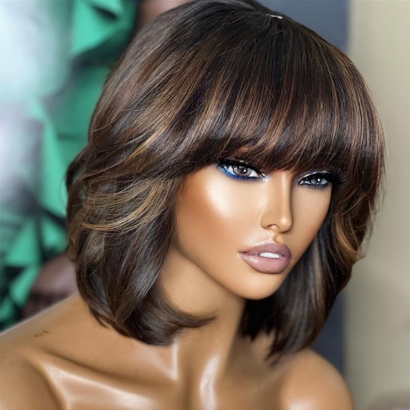 Brown Highlight Short Bob With Bangs Undetectable HD Air Lace Glueless Wig - SPE033