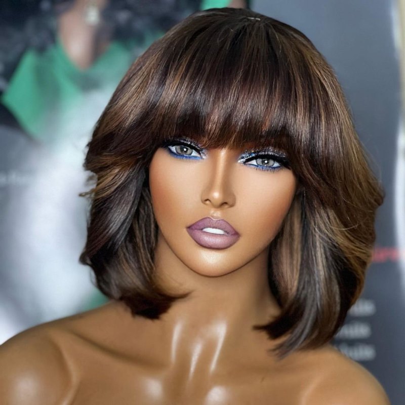 Brown Highlight Short Bob With Bangs Undetectable HD Air Lace Glueless Wig - SPE033