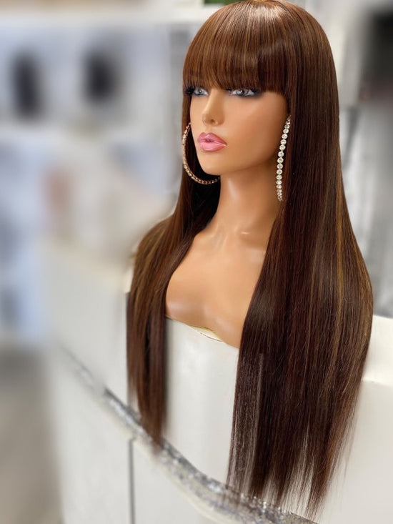 Brown With Highlight Straight Glueless Wig With Bangs Fringe - LFSS152