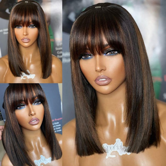 Highlight Brown Blunt Cut Wig With Bangs Fringe Undetectable HD Air Lace Glueless Wig - SPE042
