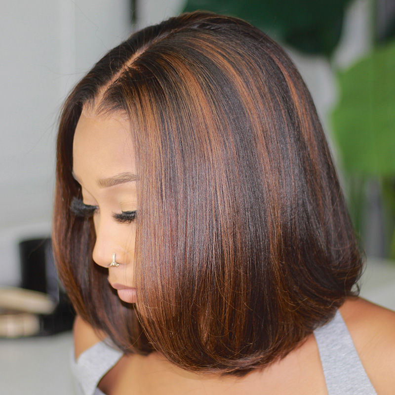 Short Bob With Brown Highlight Undetectable HD Air Lace Glueless Wig - TBA014
