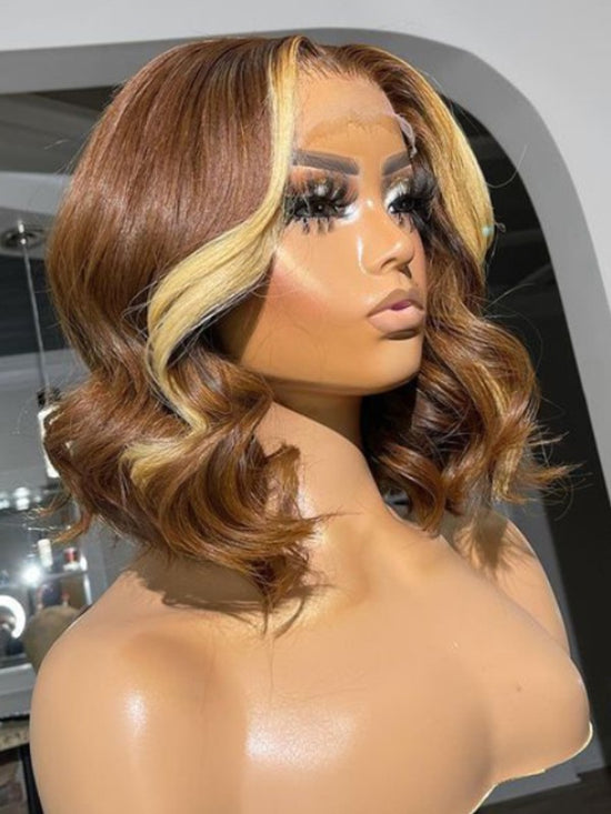 Skunk Stripe Brown Short Wavy Wig Undetectable HD Lace Glueless Lace Wig - LFBW080