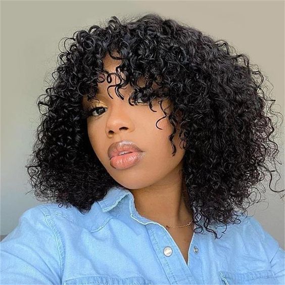 Natural Curly Glueless Wig With Bangs Fringe - SCT012