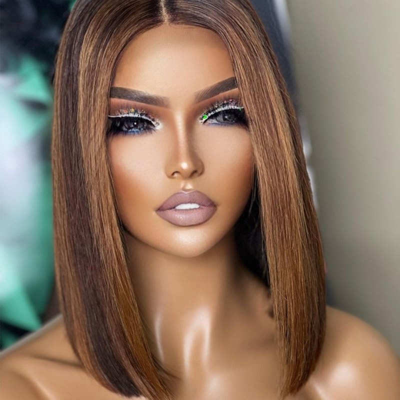 Auburn Brown Highlight Straight Bob Wig Undetectable HD Air Lace Glueless Wig - SPE004