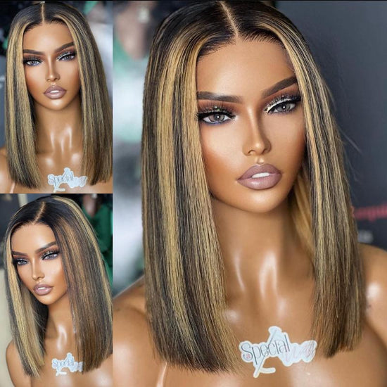 Blonde Highlight Blunt Cut Bob Short Hair Wig Undetectable HD Air Lace Glueless Wig - SPE037