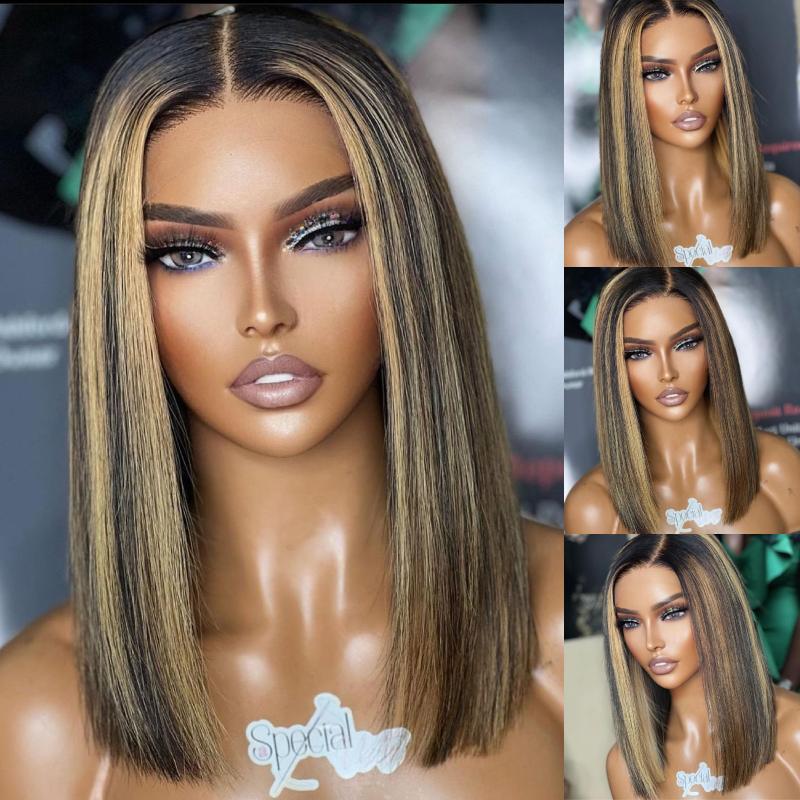 Blonde Highlight Blunt Cut Bob Short Hair Wig Undetectable HD Air Lace Glueless Wig - SPE037