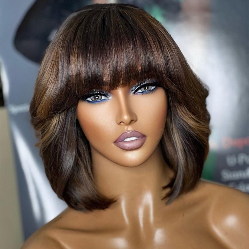 Load image into Gallery viewer, Brown Highlight Short Bob With Bangs Undetectable HD Air Lace Glueless Wig - SPE033
