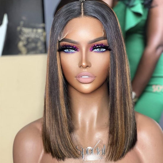 Brown Highlight Straight Lob Wig Undetectable HD Air Lace Glueless Wig - SPE034