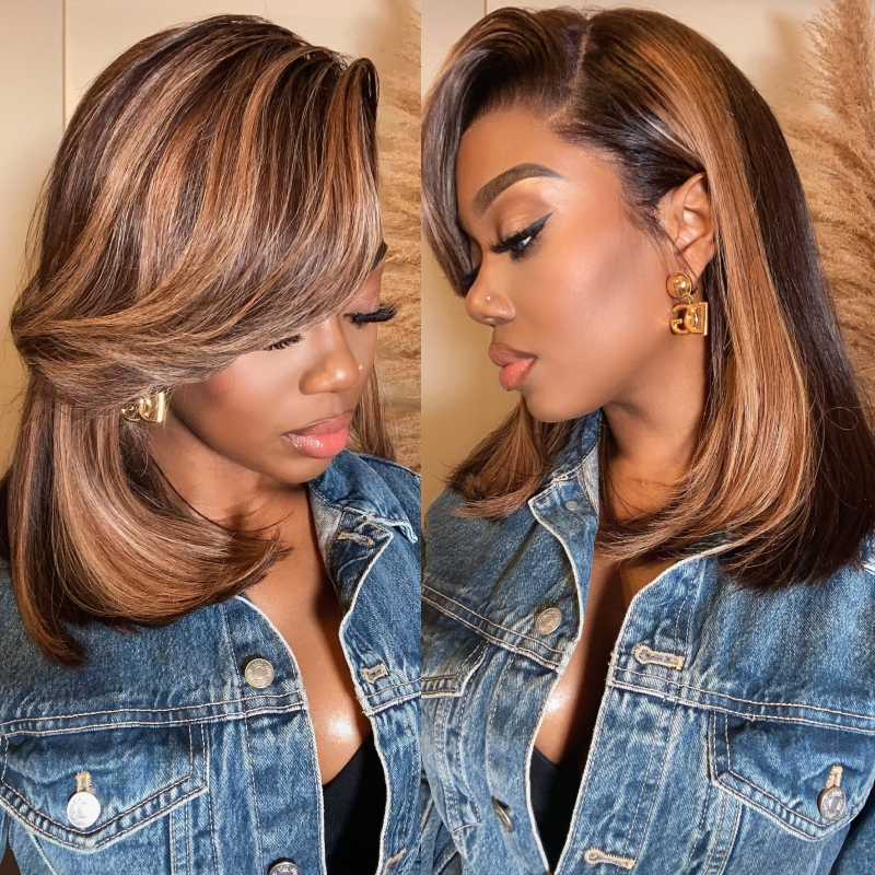 Brown Lob Wig Blonde Highlights Side Bangs Undetectable HD Air Lace Glueless Wig - CBS037