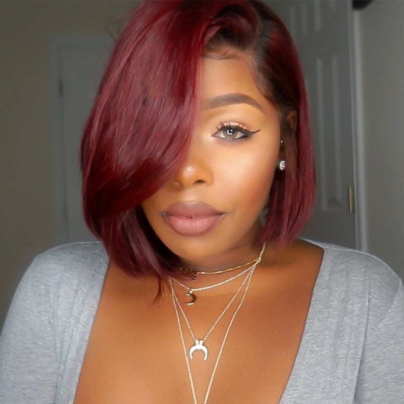 Ombre Burgundy Side Part Short Bob Wig Undetectable HD Air Lace Glueless Wig - LFW009