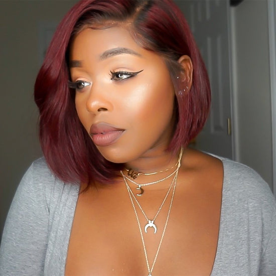 Ombre Burgundy Side Part Short Bob Wig Undetectable HD Air Lace Glueless Wig - LFW009