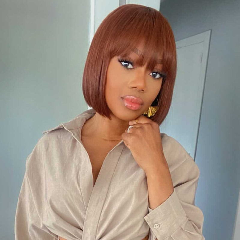 Ginger Brown Short Bob Wig With Bangs Undetectable HD Air Lace Glueless Wig - CBS028