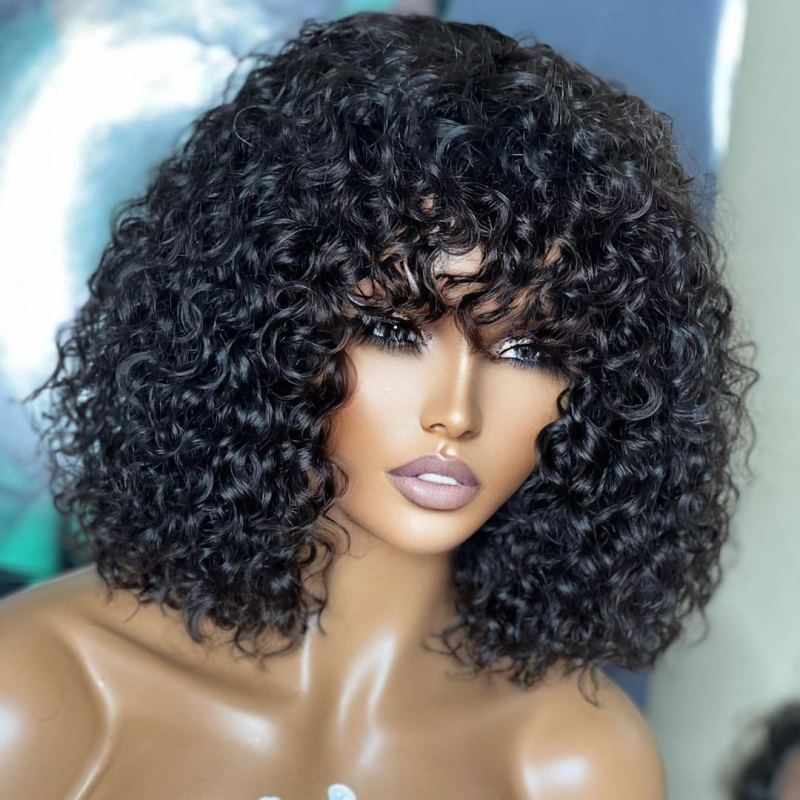 Glam Curly With Bangs Short Hair Undetectable HD Air Lace Glueless Wig - SPE014