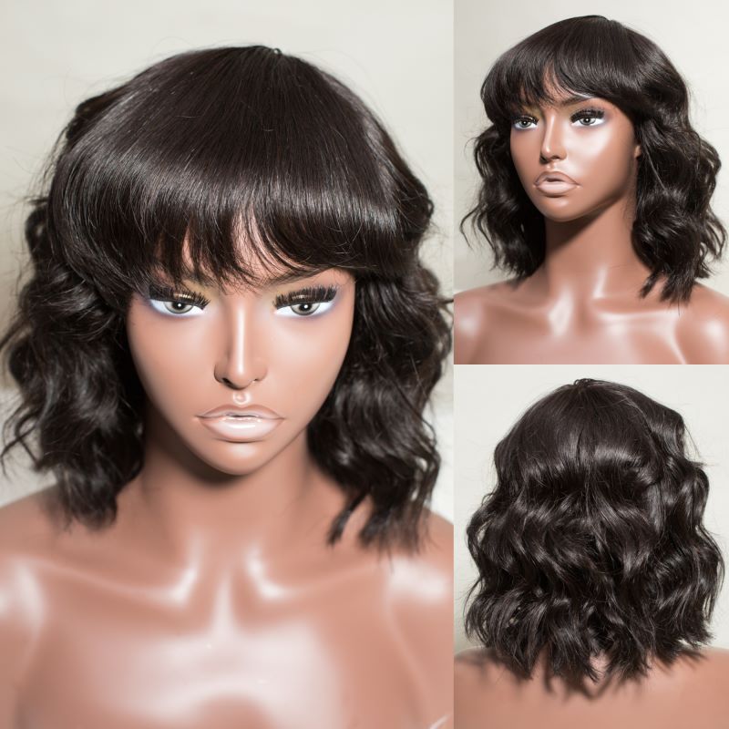 Messy Wave Bob Wig Bangs Undetectable HD Air Lace Glueless Wig - LFW078