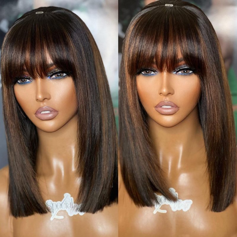 Load image into Gallery viewer, Highlight Brown Blunt Cut Wig With Bangs Fringe Undetectable HD Air Lace Glueless Wig - SPE042
