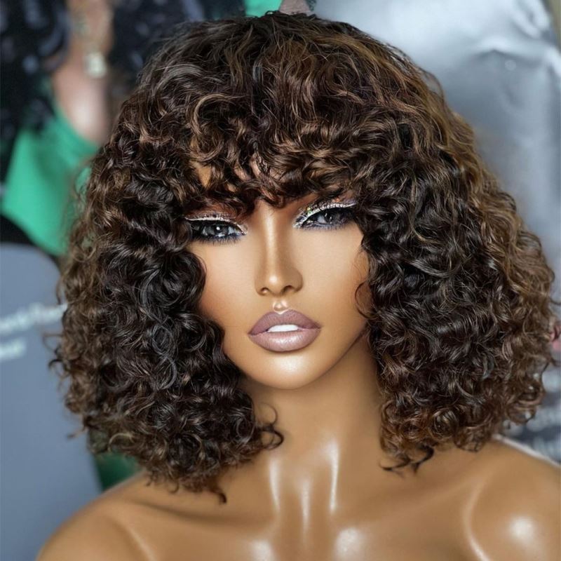 Highlight Brown Curly Short Hair Wig With Bangs Undetectable HD Air Lace Glueless Wig - SPE015