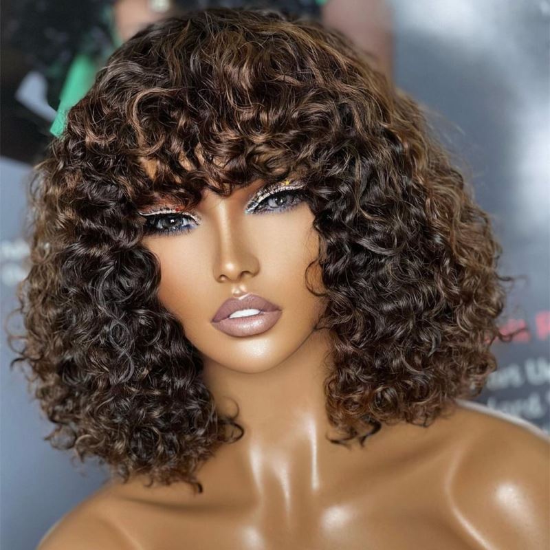 Highlight Brown Curly Short Hair Wig With Bangs Undetectable HD Air Lace Glueless Wig - SPE015