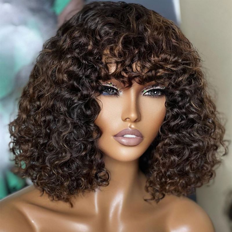 Highlight Brown Curly Short Hair Wig With Bangs Undetectable HD Air Lace Glueless Wig - SPE015