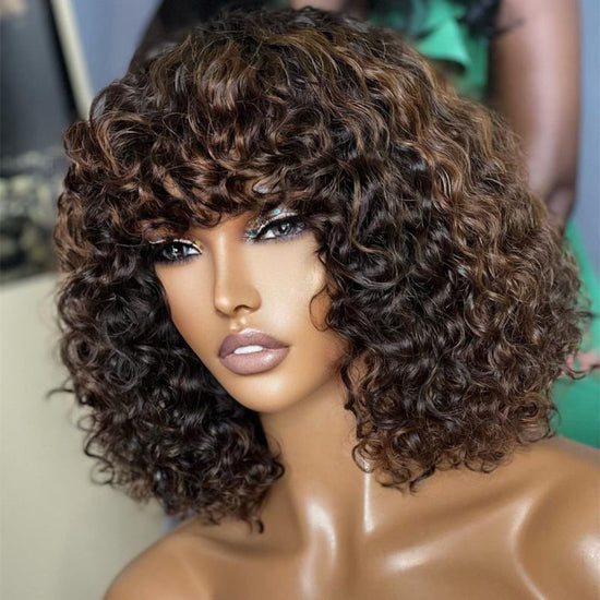 Highlight Brown Curly Short Hair Wig With Bangs Undetectable HD Air Lace Glueless Wig - SPE015