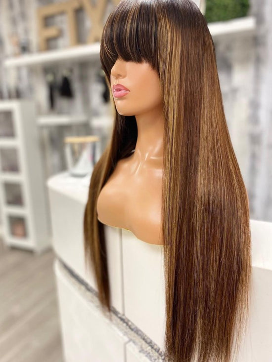 Load image into Gallery viewer, Highlight Brown Long Straight Glueless Wig With Bangs Fringe - LFSS151
