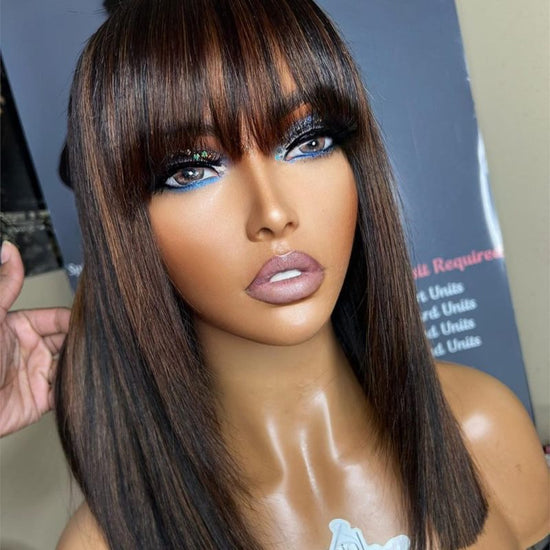 Highlight Brown Blunt Cut Wig With Bangs Fringe Undetectable HD Air Lace Glueless Wig - SPE042