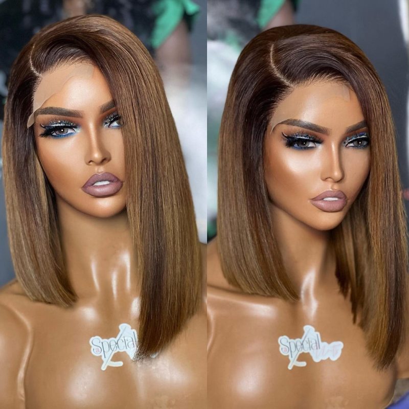 Ombre Brown Asymmetric Bob Cut Hair Wig Undetectable HD Air Lace Glueless Wig - SPE051