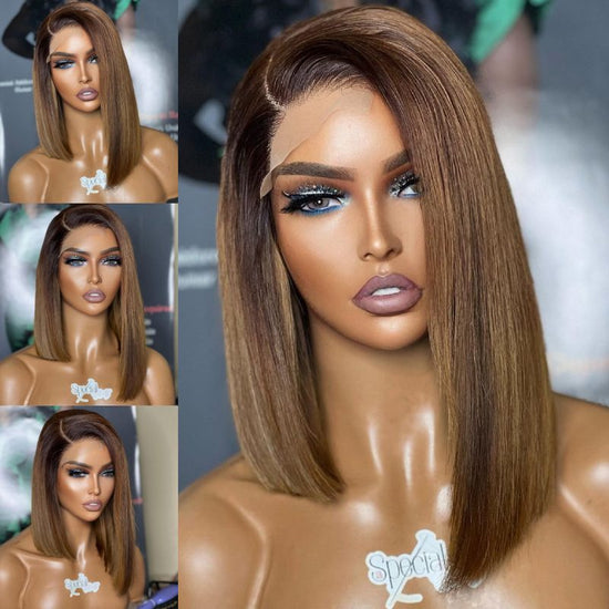 Ombre Brown Asymmetric Bob Cut Hair Wig Undetectable HD Air Lace Glueless Wig - SPE051