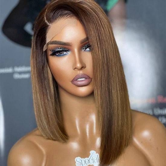 Ombre Brown Asymmetric Bob Cut Hair Wig Undetectable HD Air Lace Glueless Wig - SPE051