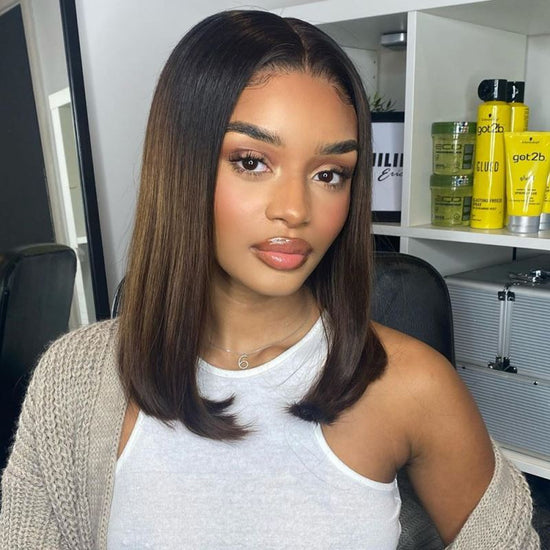 Ombre Brown Middle Part Straight Bob Wig Undetectable HD Air Lace Glueless Wig - PE002