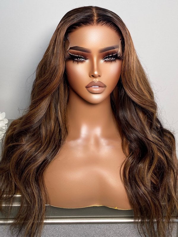 Ombre Brown With Highlight Wavy Wig Undetectable HD Lace Glueless Lace Wig - LFBW087