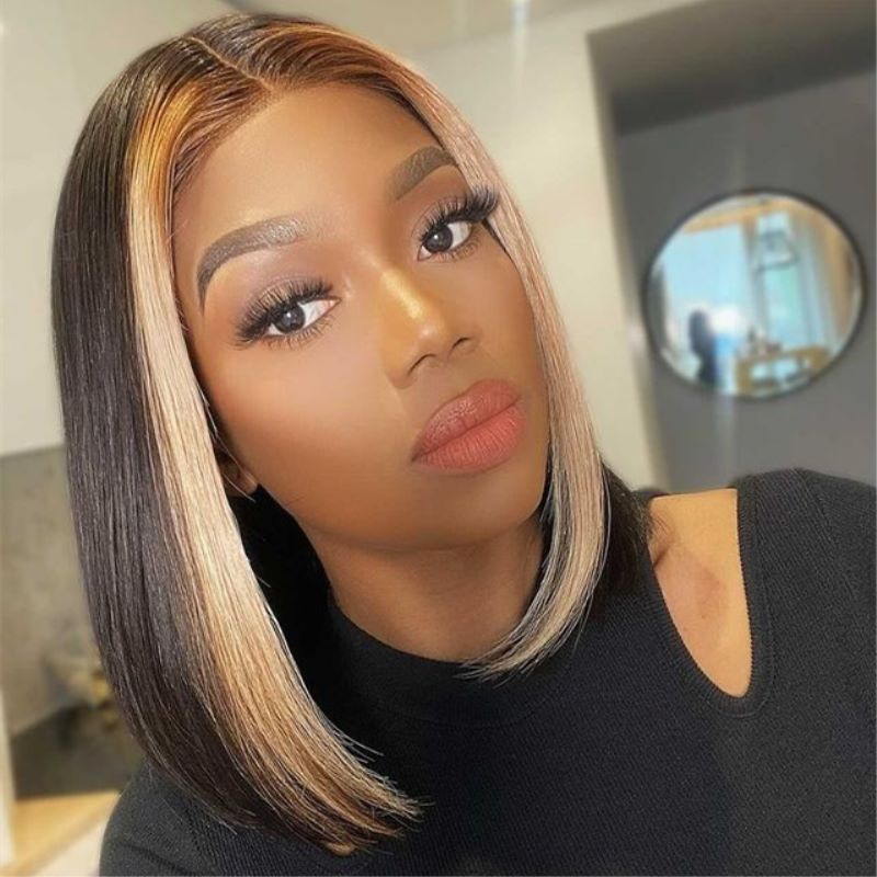 Skunk Stripe Blonde Highlight Short Bob Undetectable HD Air Lace Glueless Wig - CBS017